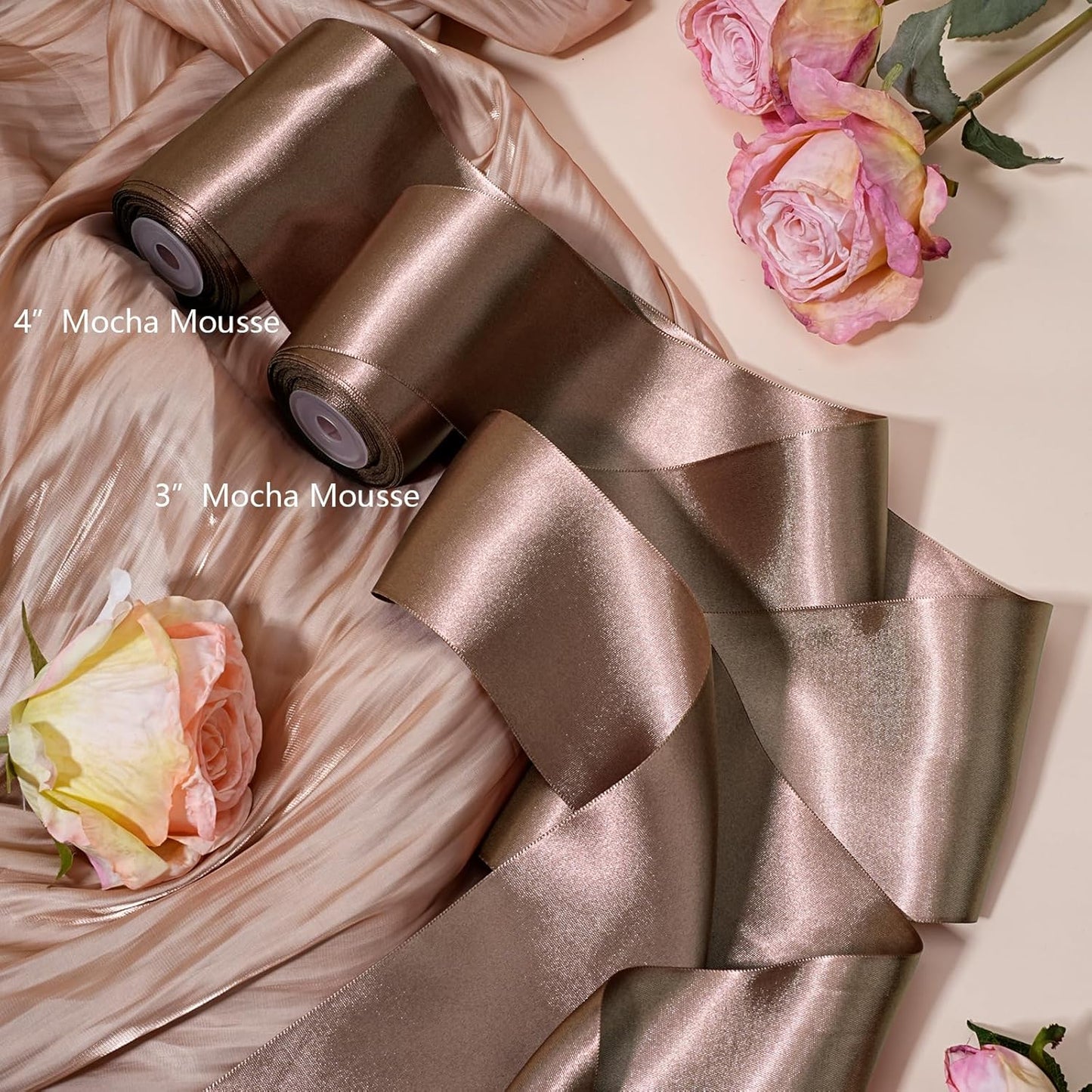 LaRibbons Brown Satin Ribbon 4 Inch 10 Yards Double Faced Luxury Mocha Silk Ribbon for Gift Wrapping Flower Bouquets Bow Christmas Wedding Party Decoration