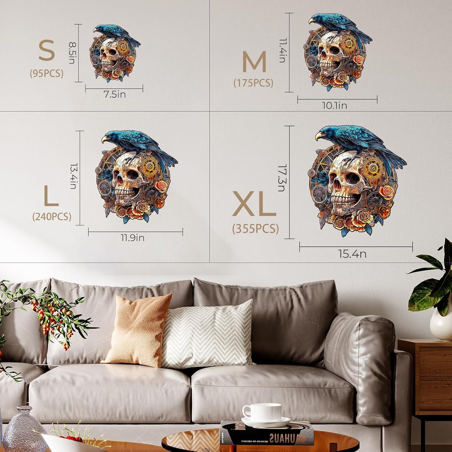 KAAYEE Wooden Puzzles for Adults, 3D Visual Effect Raven & Mechanical Skull Wooden Jigsaw Puzzle Unique Shape Wood Puzzle Adult, 3D Effect Flat Puzzle Birthday Family Games (L-13.4 * 11.9in-240pcs)