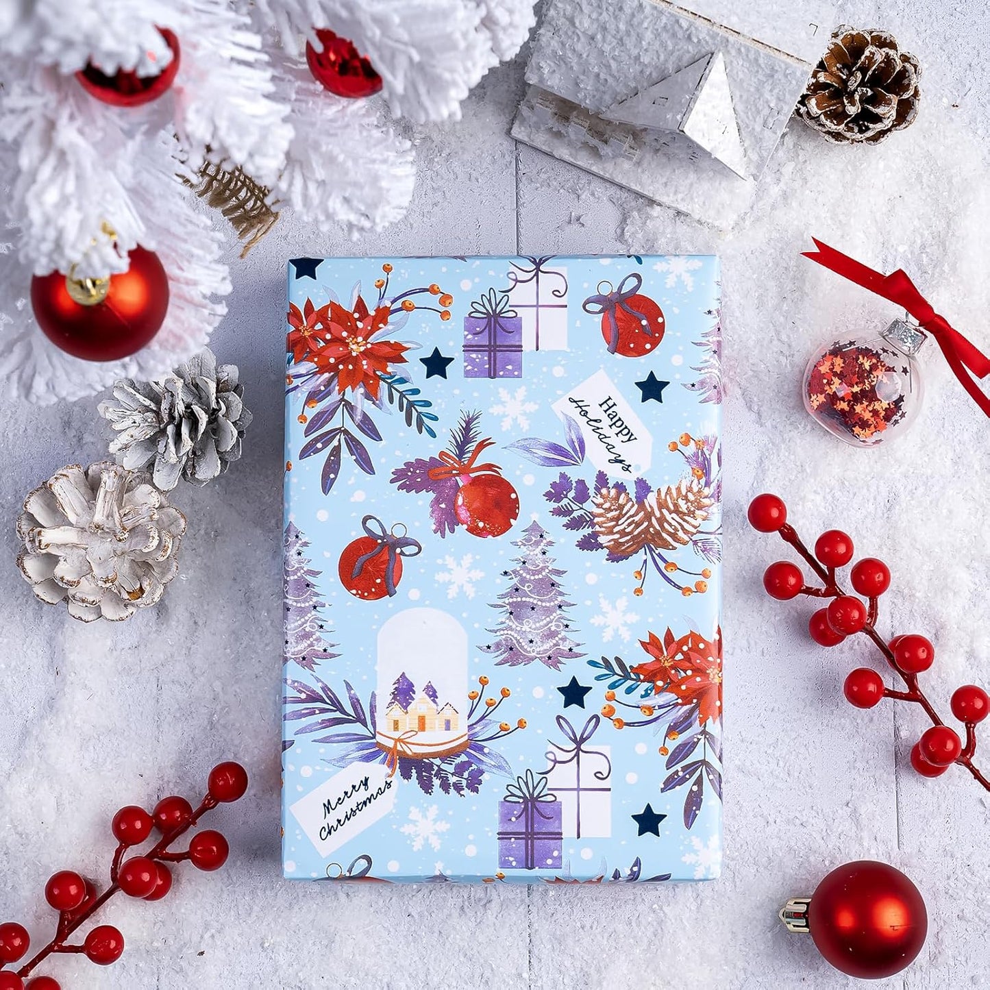 WRAPAHOLIC 30 Inch Christmas Wrapping Paper Roll - Jumbo Roll Red and Blue Snow Globe, Pinecone, Poinsettia, Christmas Tree Wrapping Paper - 4 Rolls - 30 Inch x 120 Inch Per Roll