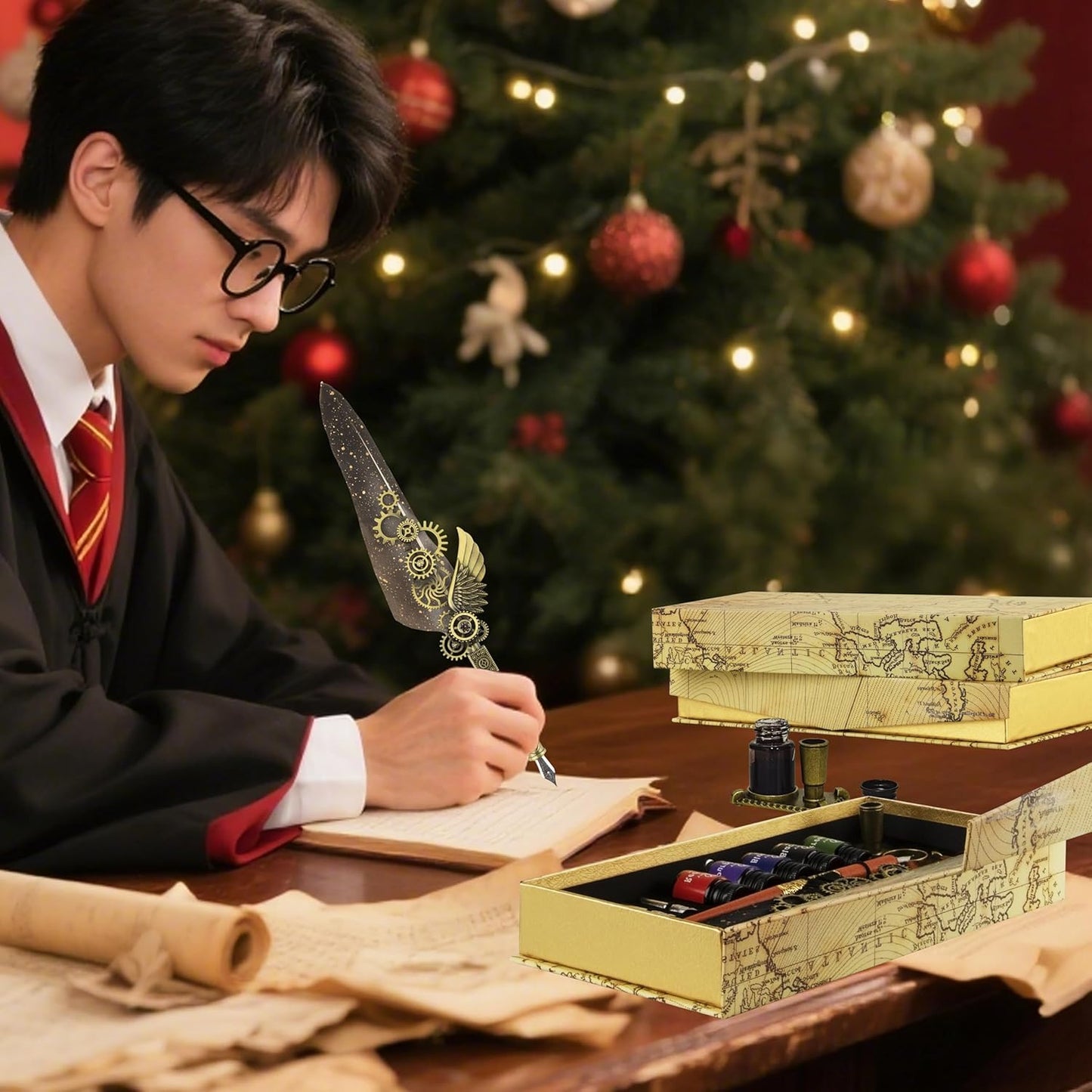 Feather Pen and Ink Set Calligraphy Kit for Beginners with Quill Pen, Antique Vintage Stationary Set for Writing, Signing & Hand Lettering Art