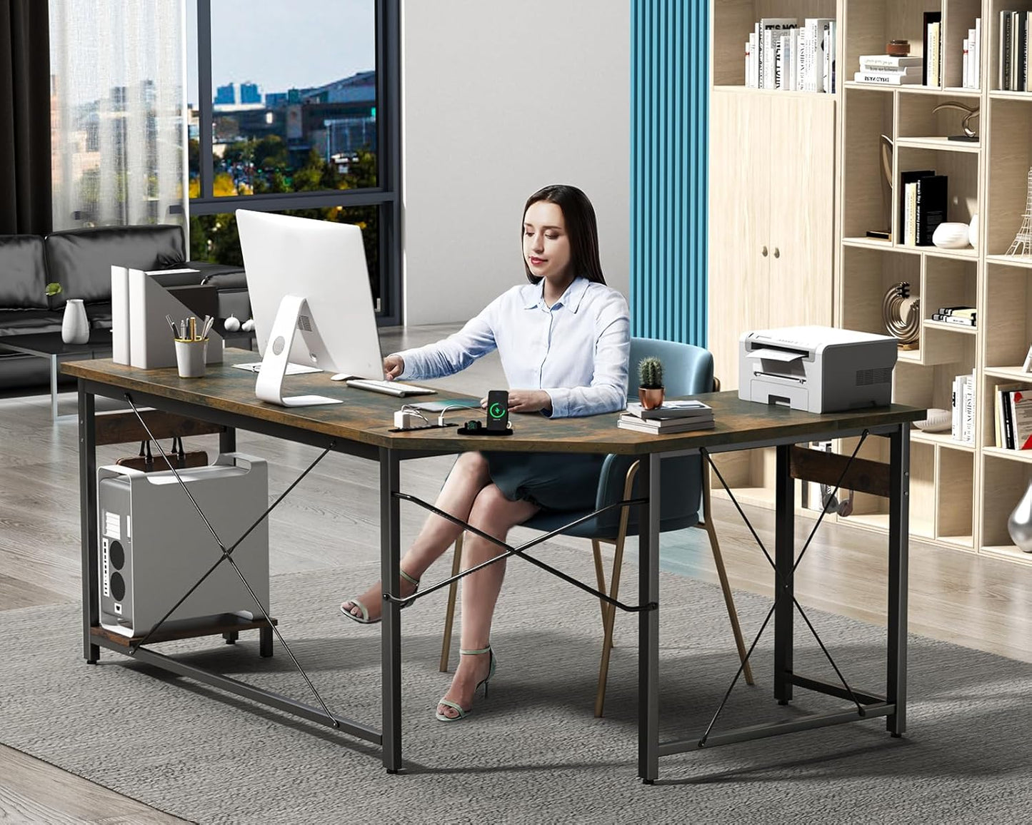 Coleshome 66" L Shaped Gaming Desk with Outlet, L Shaped Desk with CPU Stand, Corner Computer Desk, Home Office Desk, Writing Desk, Vintage