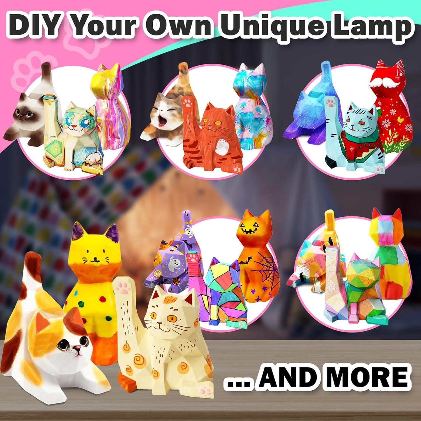 FUNZBO 3pcs Paint Your Own Cat Lamp Kit - Halloweens Arts and Crafts Supplies Kitten Painting Kits for Kid Teen, DIY Night Light Toy for Toddlers Girl Boy Age 3 4 5 6 7 8 9 10 11 12 13 Birthday Gifts