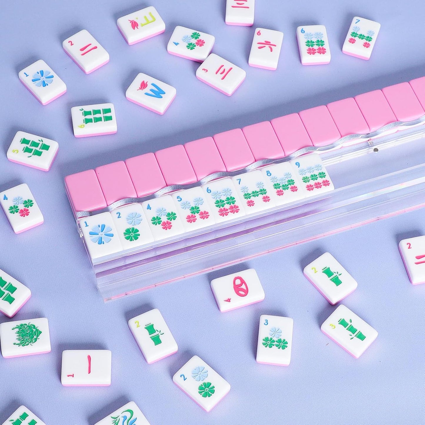 American Mahjong Tile Set(Pink) with Carrying Bag and Accessories, 160 Acrylic Engraved Mahjong Tiles