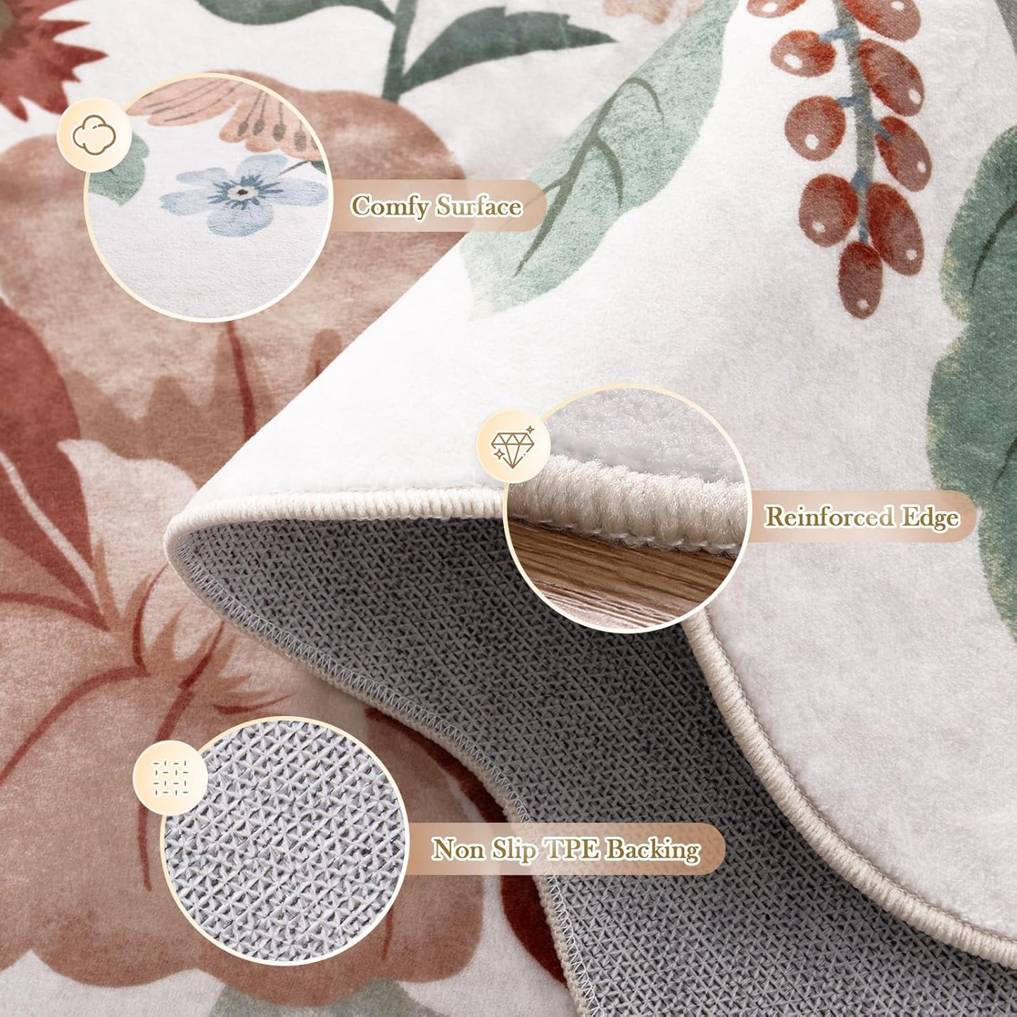 Beeiva Living Room Rugs 8x10 - Scalloped Floral Printed Soft Non Slip Washable Flower Rug for Bedroom Under Bed Boho Aesthetic Rugs Stain Resistant Large Carpet for Nursery Dorm(Beige,8x10ft)