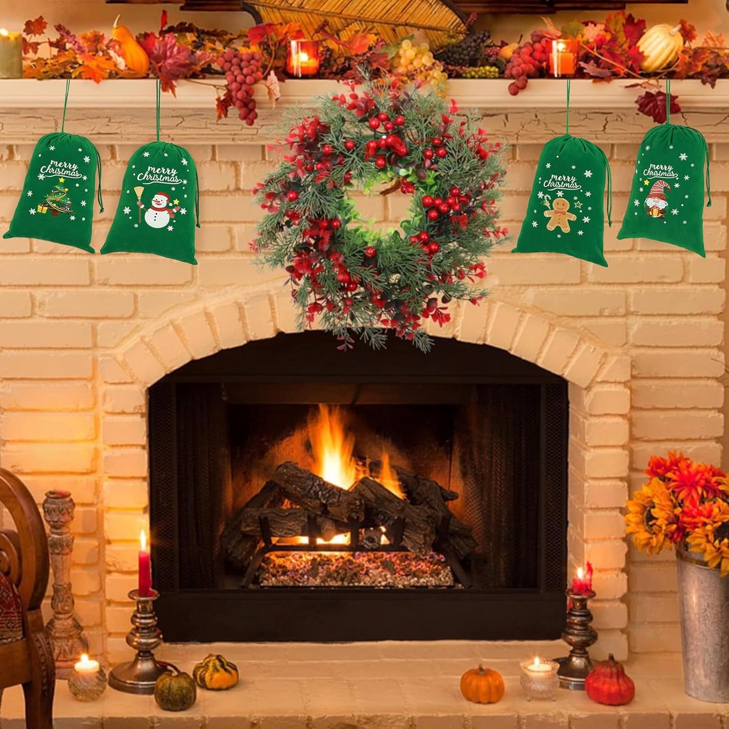 Tapleap Coth Christmas Bags with Drawstring - 50Pcs 7x10 Green Velvet for Small Bussiness Wrapping Christmas Party Favors or Gifts for Friends, Coworkers