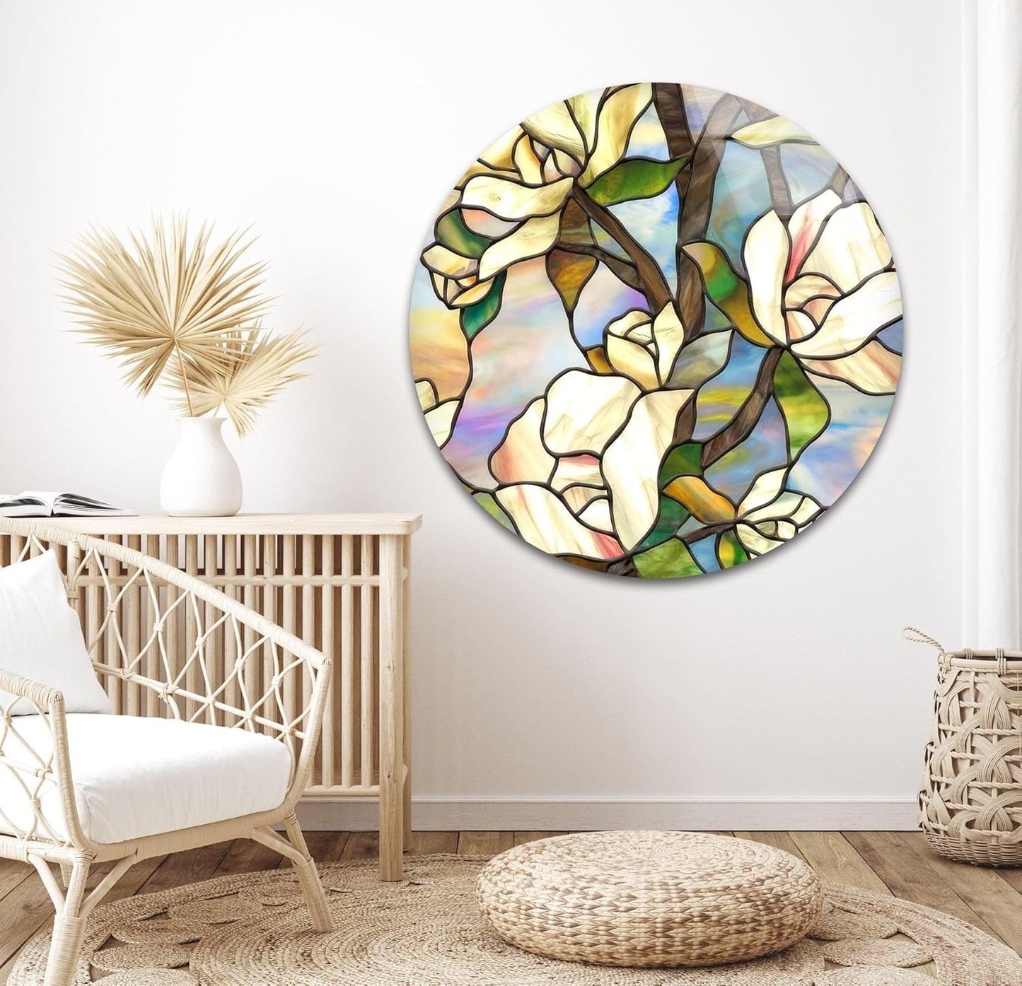 My Photostation.com Round 24'' Stained Magnolia Glass Wall Art Tempered Glass Printing Wall Decor Large Wall Art Wall Hangings
