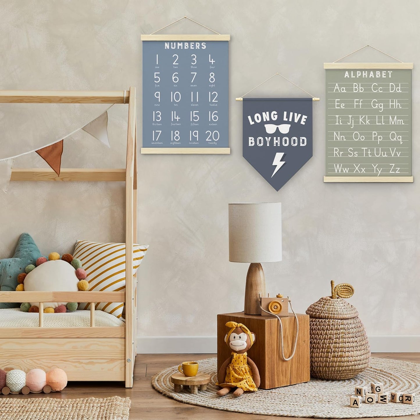 BONETAT Numbers alphabet poster for Nursery Toddlers, Play Room Wall Decor, ABC Wall Chart, Wall Hanging Decor for Toddler Playroom Decor Kids Wall Decor, Wooden Frame Alphabet Banner-A05