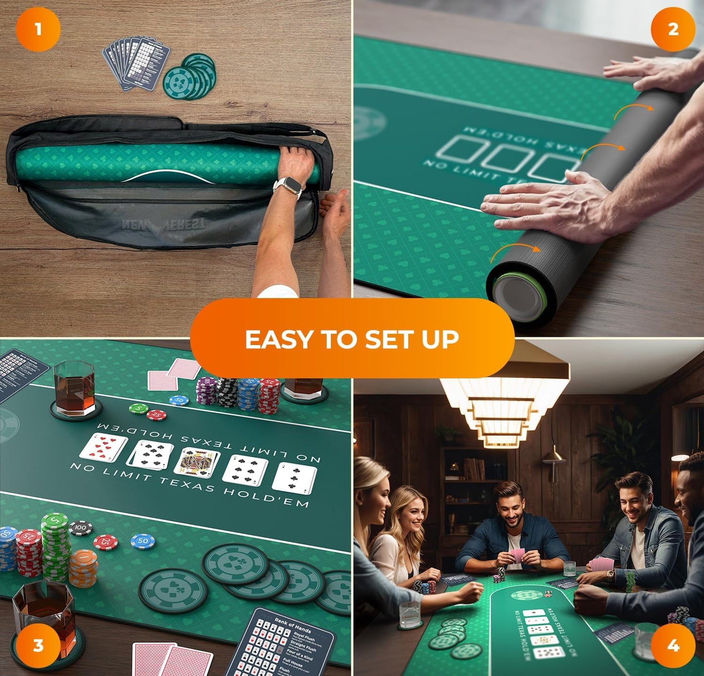 Newverest Poker Table Top 70" x 35", Texas Hold'em Poker Mat for Home Game Nights Up to 10 Players, Casino| Poker Topper Cloth for Tables in Zipper Storage Bag with 8 Coasters in Poker Gift-Ready Box