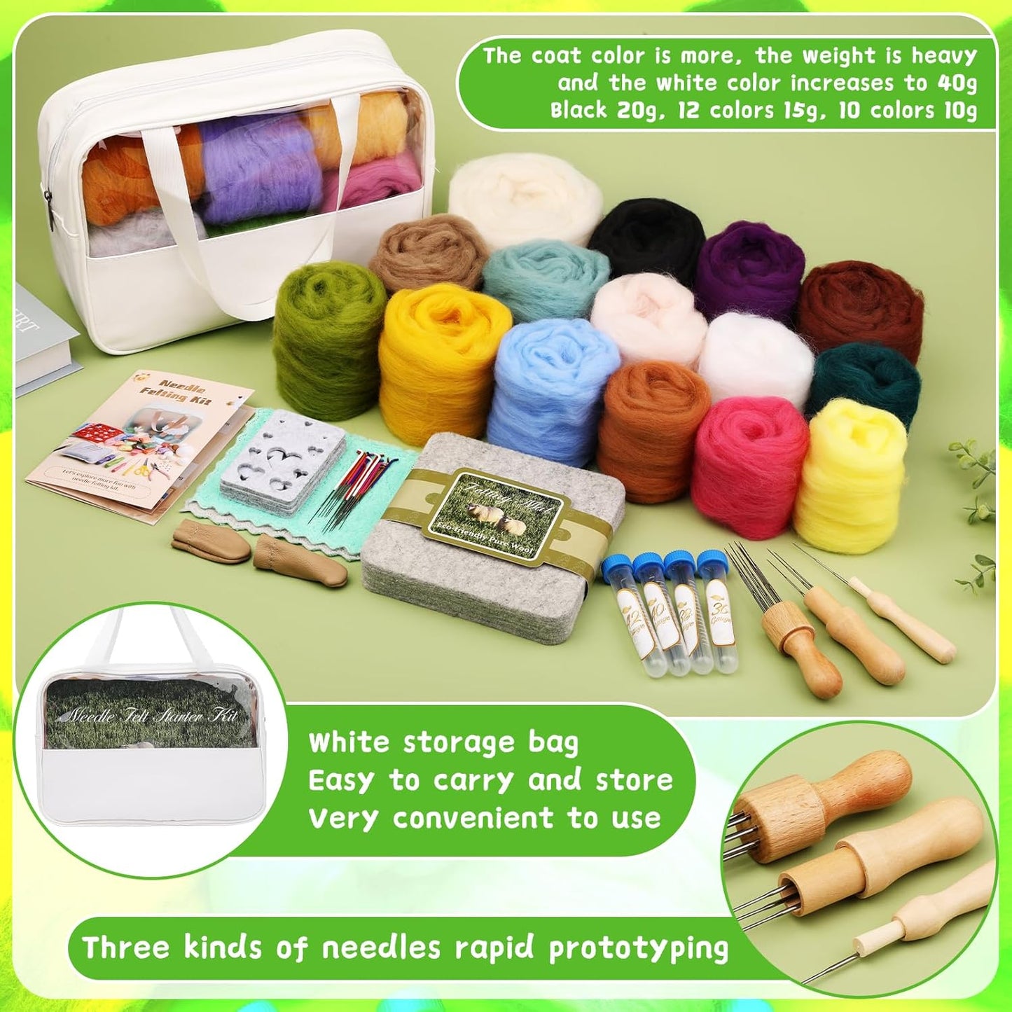 Mayboos Needle Felting Kit, 24 Colors Wool Roving Set, Needle Felting Kit with Felting Tool and Foam Mat Needle Felting Supplies for Beginner DIY Arts and Craft
