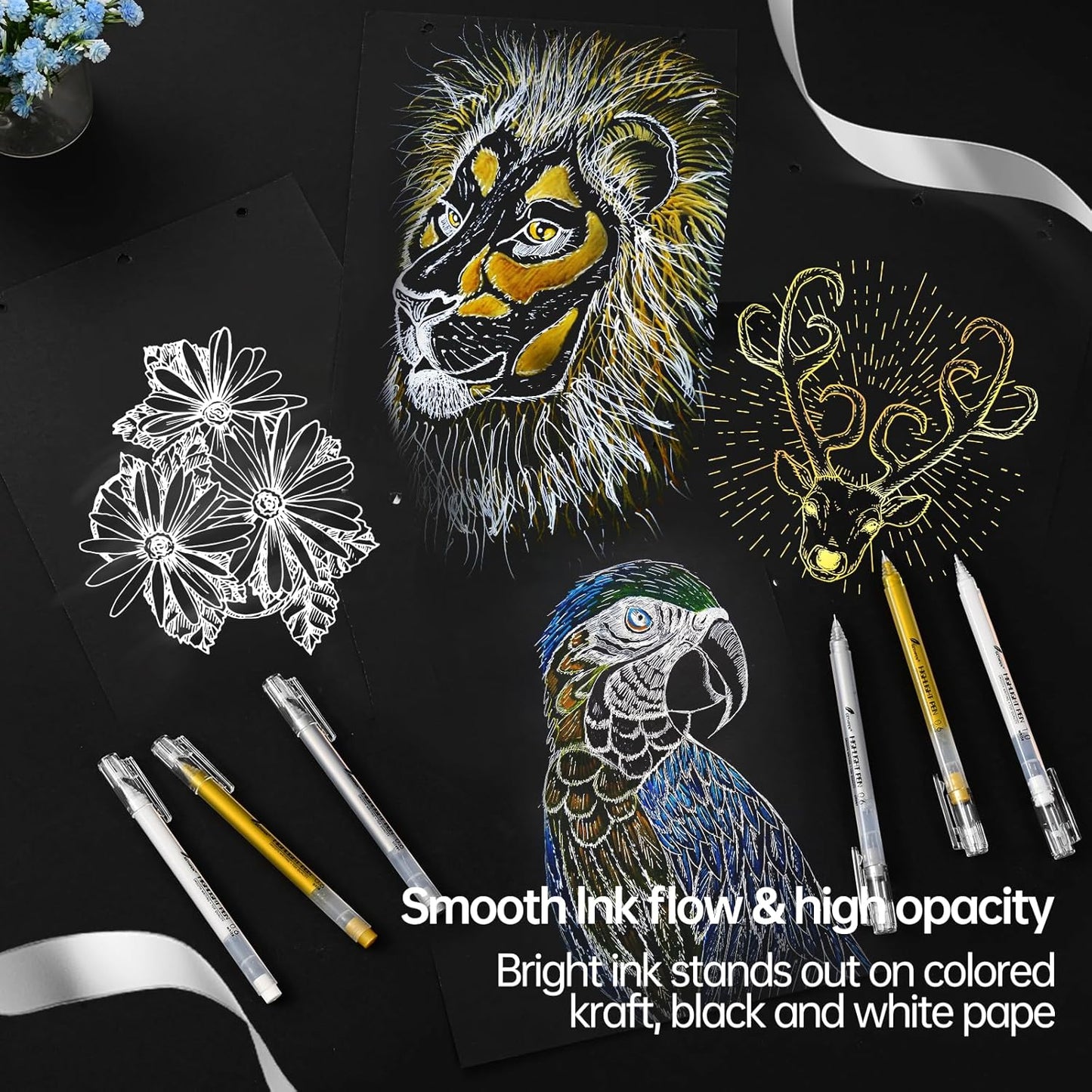 White Gold and Silver Gel Pen Set, 0.6mm Extra Fine Point Pens Gel Ink Pens Opaque Archival Ink Pens for Black Paper Drawing,Sketching,Card Making, Illustration, Bullet Journaling, 6 Pack