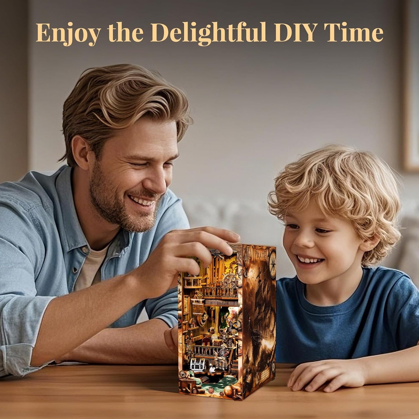 3D Wood Puzzle Book Nook Kit, Pirate Bookshelf Insert with LED Lights, DIY Pirate Miniature Bookend Décor for Display, Unique Craft Gift for Adults and Teens (New World)