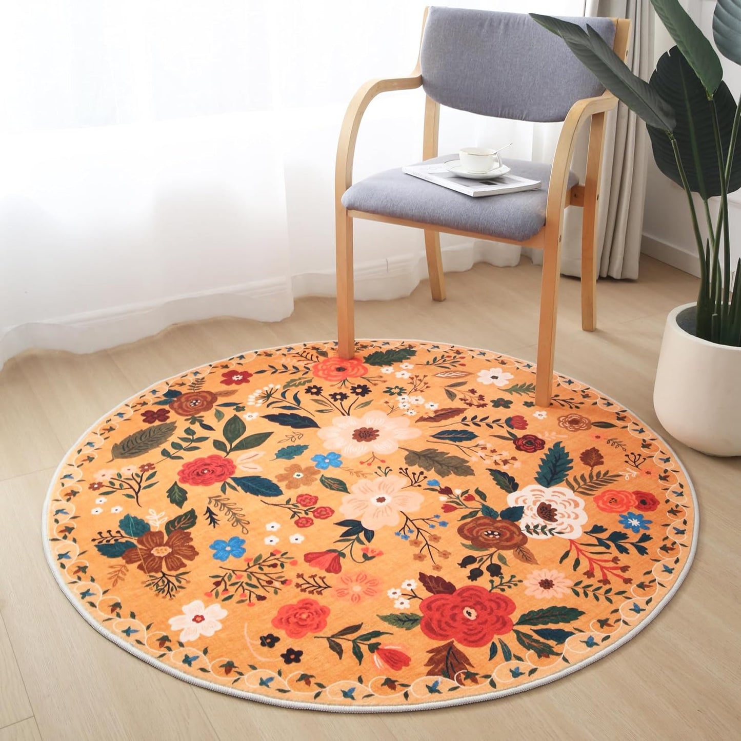Rugcomf Round Rug 4ft Washable Circle Rug Non Slip Low Pile Boho Floral Small Circular Rug for Bedroom, Bathroom, Entryway, Kids Room, Office, College Dorm(Yellow)
