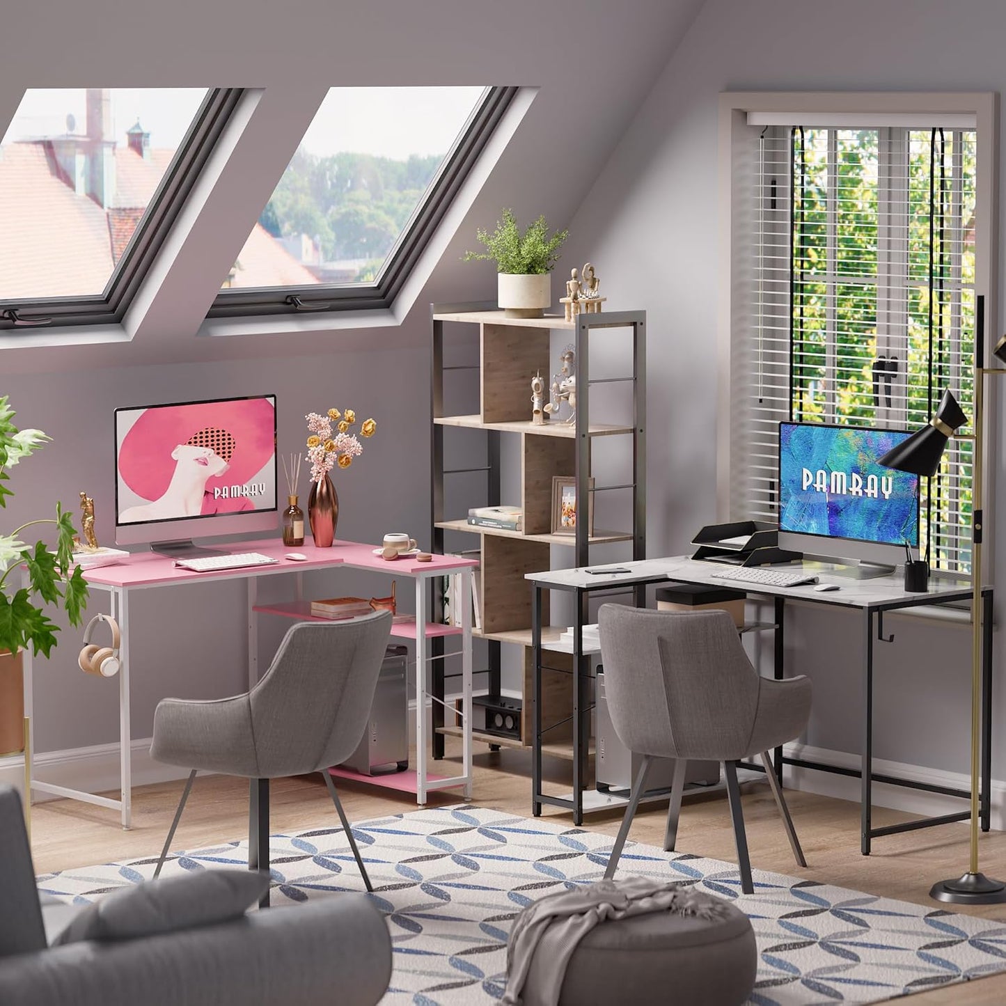 Pamray 43 Inch L Shaped Computer Desk with Reversible Side Storage Shelves, Small Corner Desk for Small Space Home Office,Writing Study Table PC Desk for Bedroom,White Marble