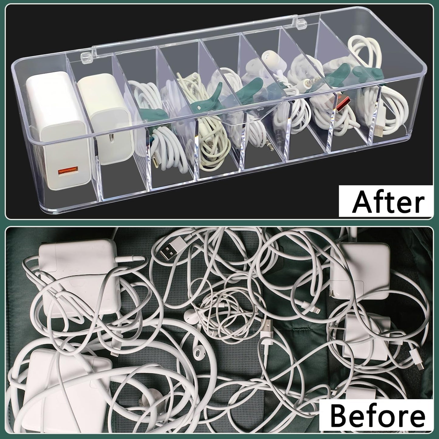 DUOFIRE 2 Pcs Cord Organizer with 16 Cable Ties, Clear Acrylic Cable Organizer Charger Organizer Electronics Organizer with Lid for Home Office Desk Organizers and Accessories