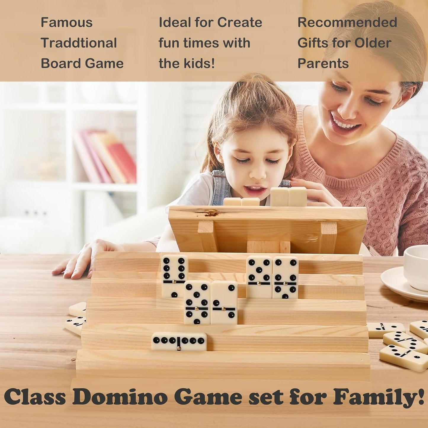 Dominos Set for Adults, Double 6 Domino Game, Double Six Standard Domino with Natural Wooden Box, 28 Tiles,Tradditional Board Game for Adults and Elderly.
