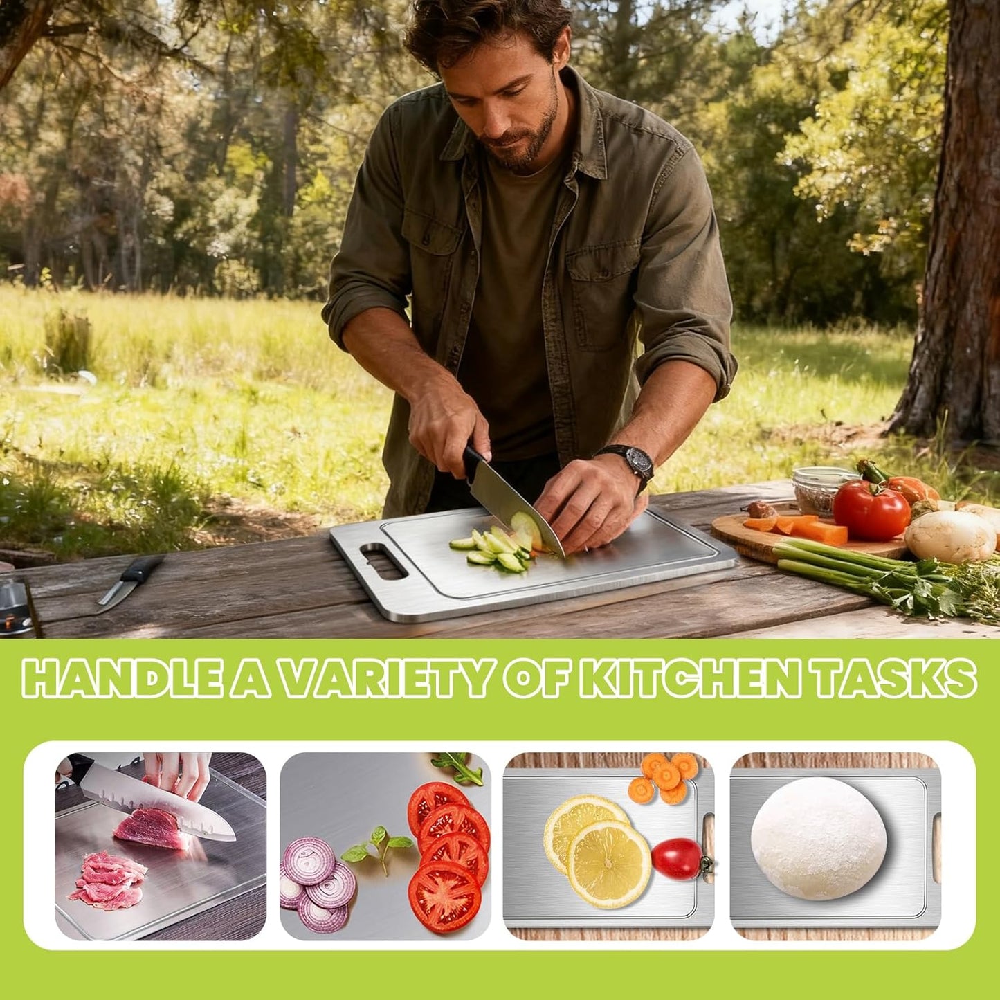 Titanium Cutting Board with Juice Groove-Pure Titanium Cutting Boards For Kitchen,Double-Sided Metal Chopping Board Titanware Cutting Mat for Cutting Meats, Fruits & Vegetables (15.4"L x 11"W)