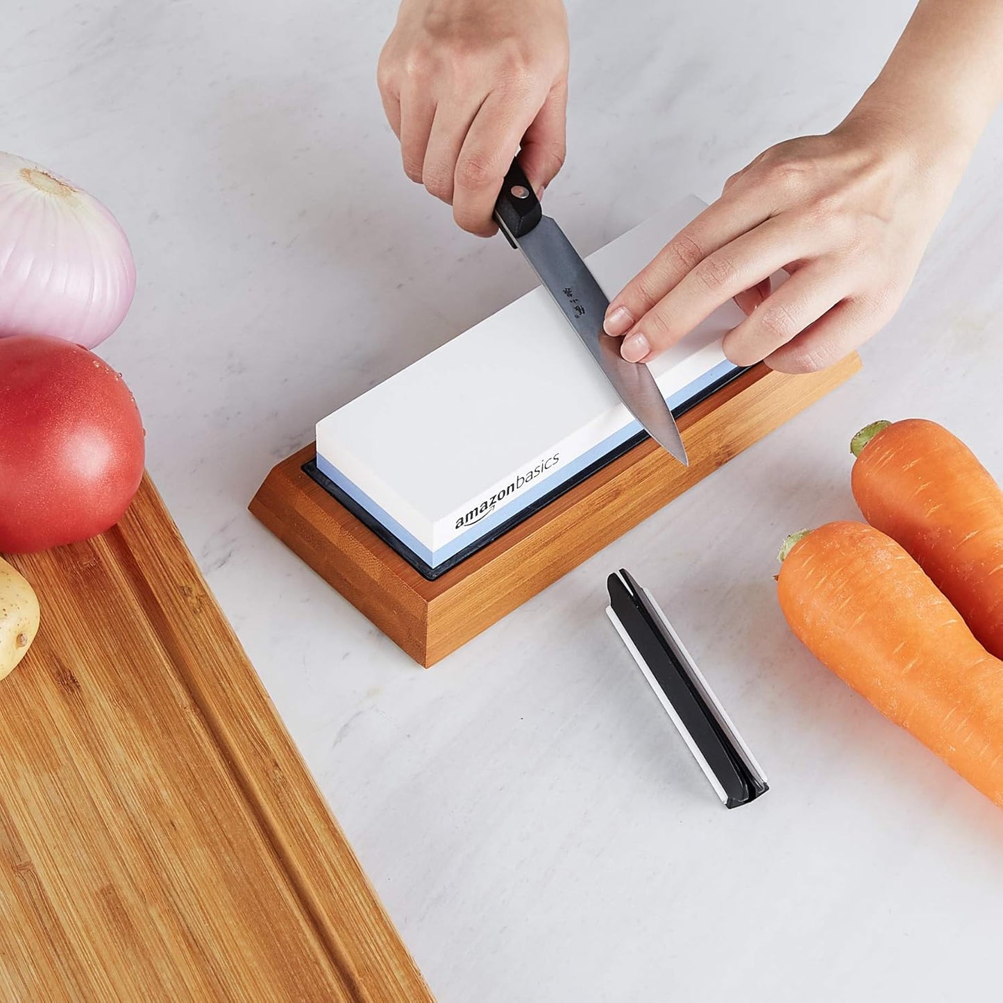 Amazon Basics Whetstone Knife Sharpening Wet Stone Dual Sided 1000/6000 Grit with Non-Slip 1 Pc, Bamboo Base, Black & Grey