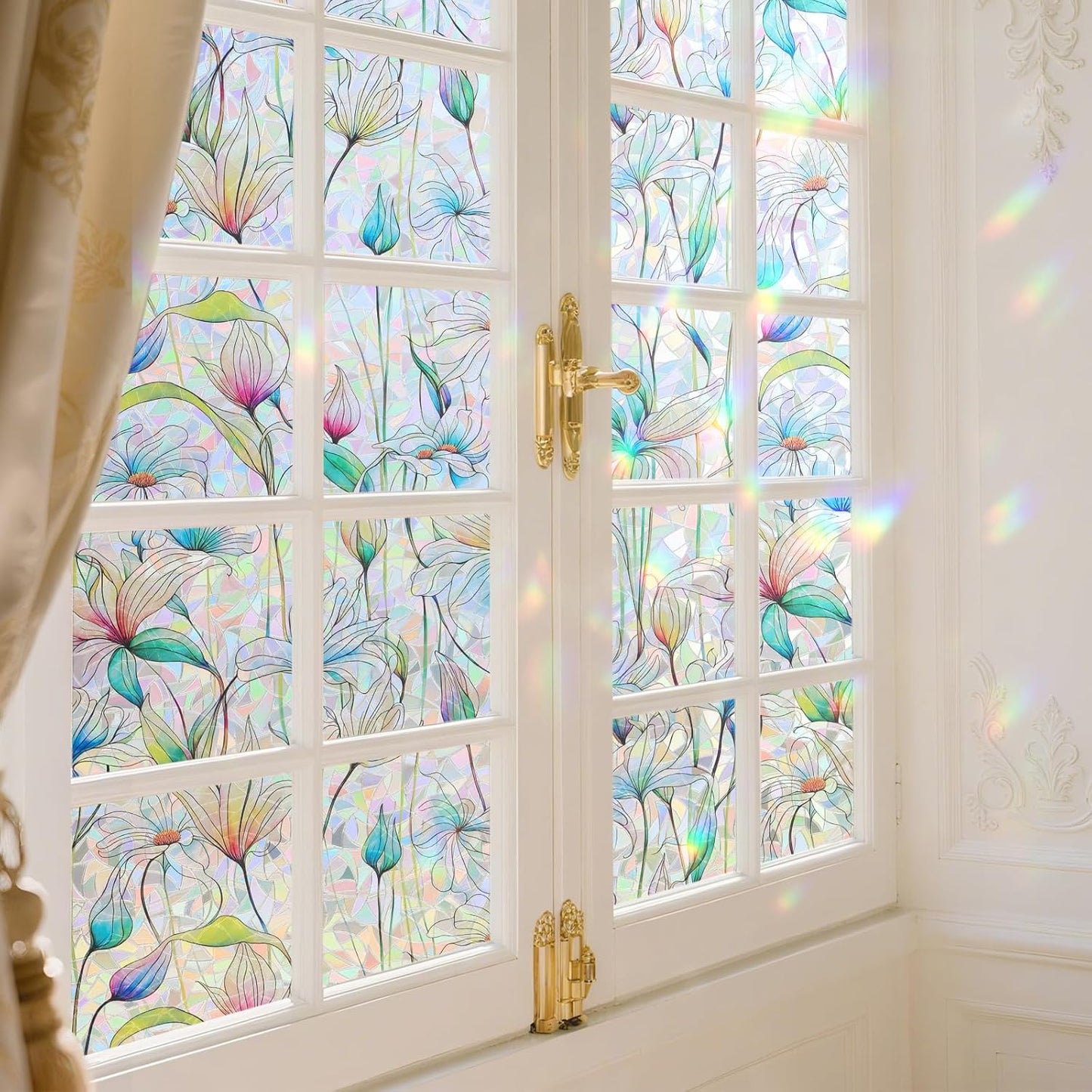 Donox Decorative Window Privacy Film, 3D Floral Stained Glass Window Film Static Cling Rainbow Privacy Sticker for Glass Door Heat Control Anti UV, No Adhesive (Magnolia,23.6 x 78.7 inches)