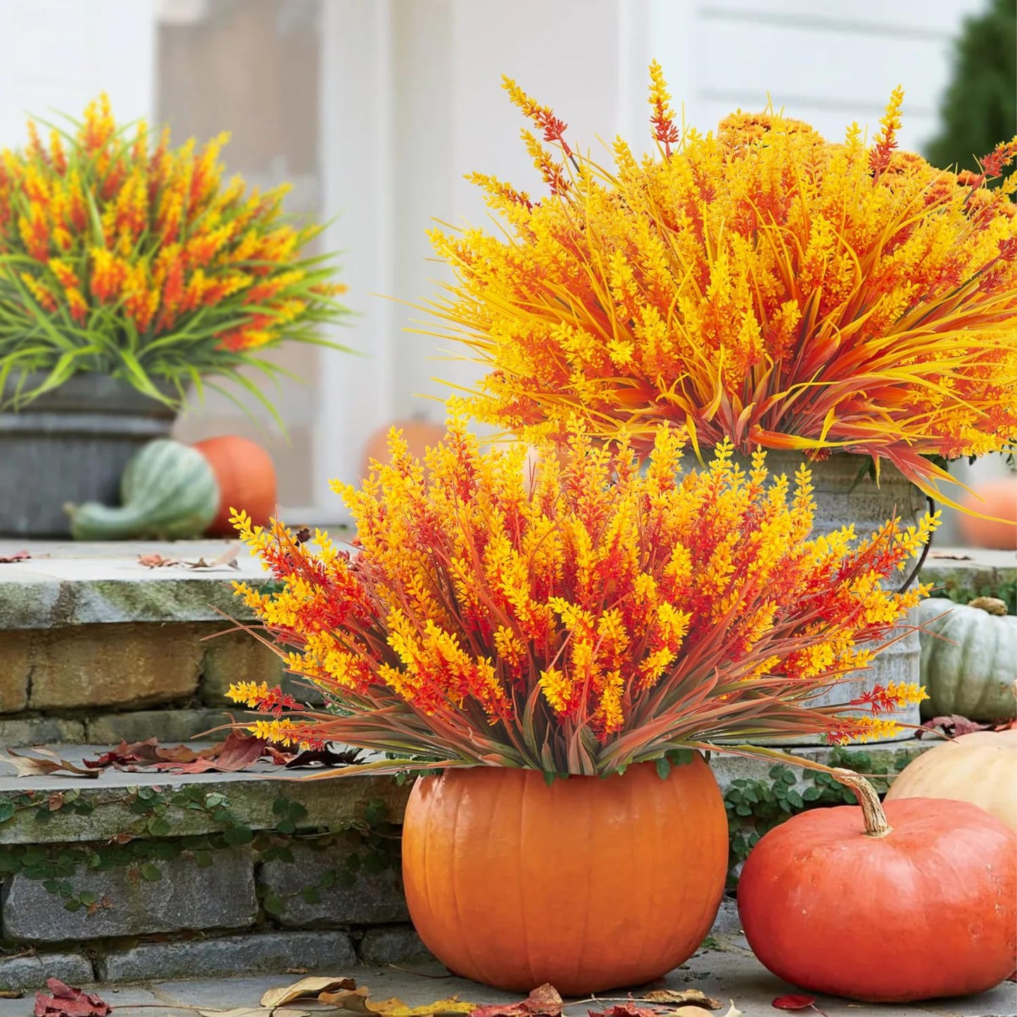 20 Bundles Artificial Plants Outdoor Fake Monkey Grass with Flowers (Fall Red)