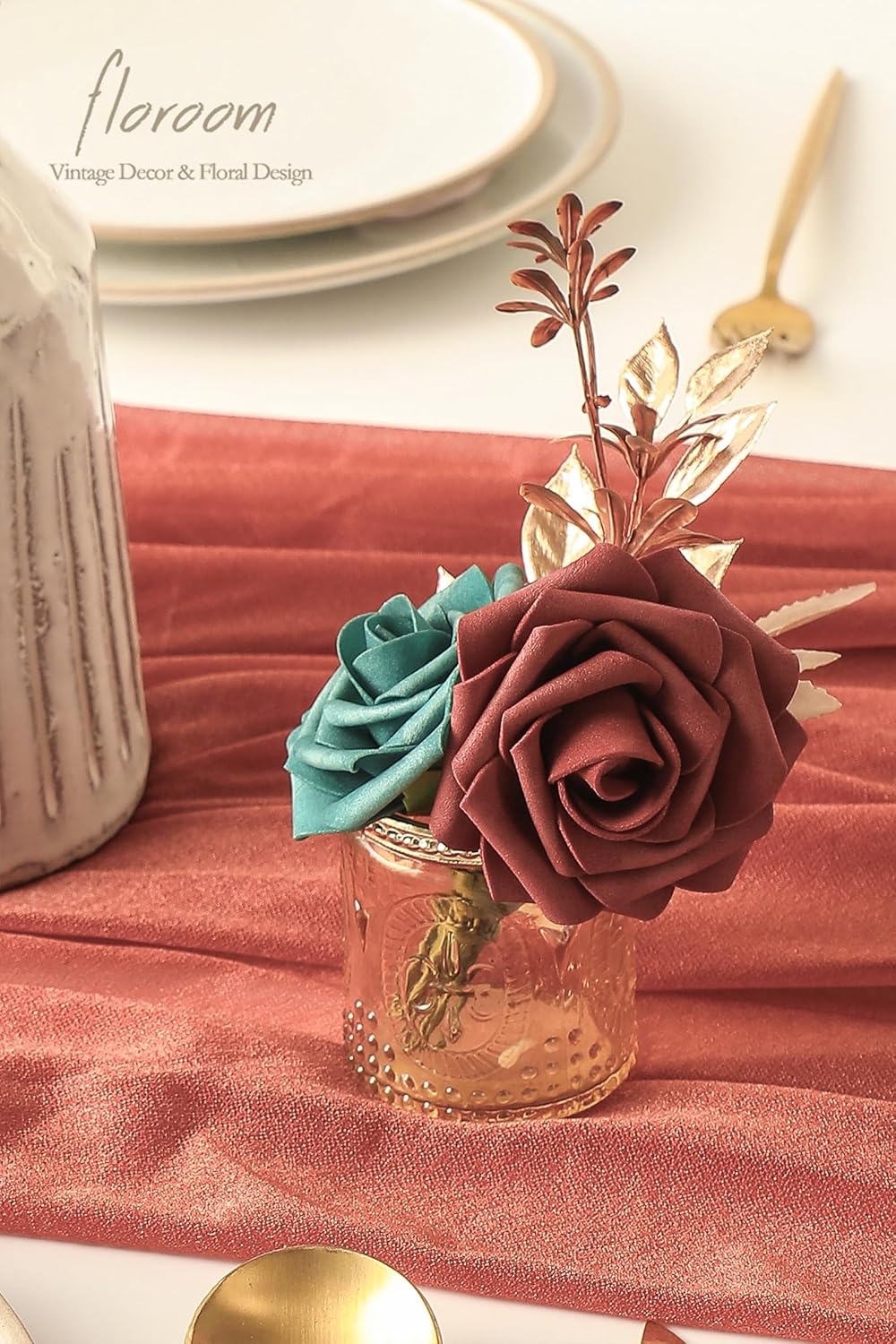 Floroom Artificial Flowers 25pcs Real Looking Teal Green Terracotta Ombre Colors Foam Fake Roses with Stems for DIY Wedding Bouquets Bridal Shower Centerpieces Floral Arrangements Tables Decoration