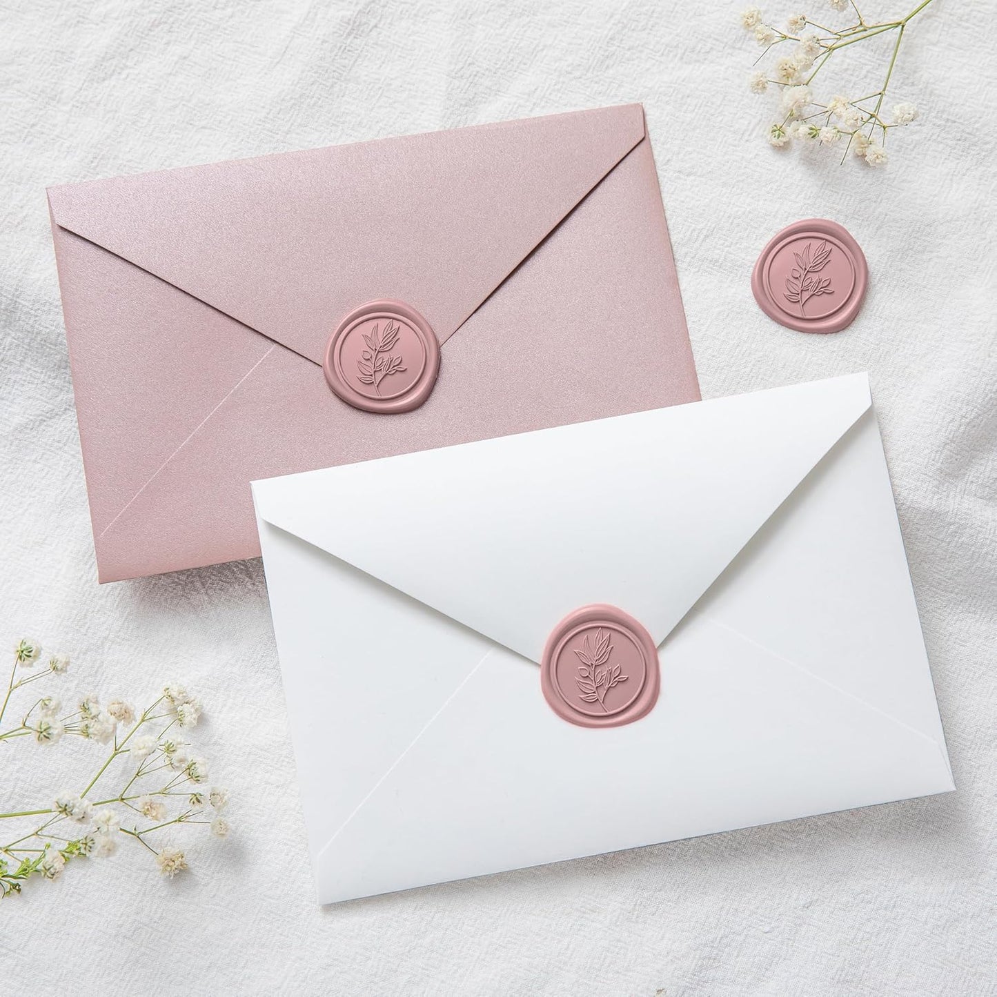 PONATIA 50 Pcs Dusty Rose Wax Seal Stickers - Eucalyptus Leaf, Perfect for Wedding Invitations, Gift Wrapping & More