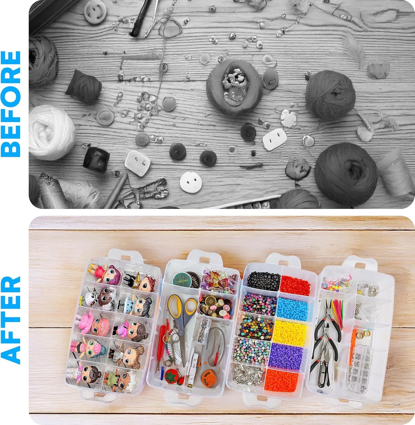 Bins & Things Clear 4-Tier Stackable Storage Containers with lids - 40 Adjustable Compartments for Craft Organizers - Storage box for Jewelry, beads, kids toys, makeup box and sewing supplies