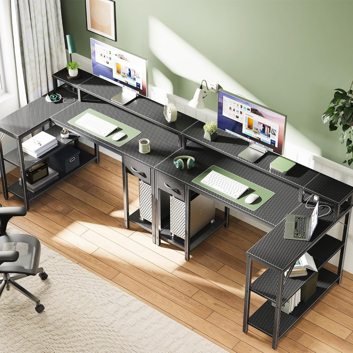 SUPERJARE 47 inch Reversible L Shaped Desk with LED Lights & Power Outlets, Computer Desk with Shelves & Monitor Stand, Gaming Desk with Drawer, Home Office Desk Corner Desk, Carbon Fiber Black