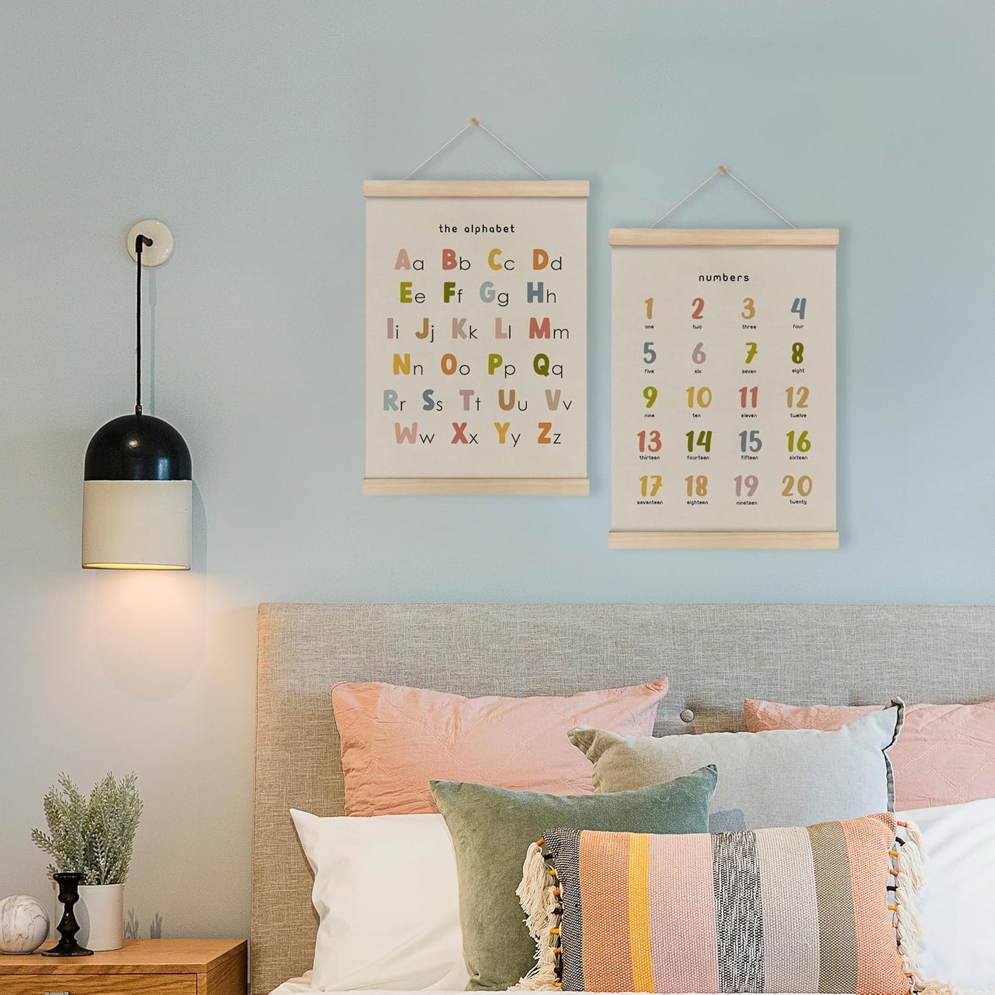 HRQKO Alphabet Numbers Poster Hanger Frame Set of 2, Nursery Wall Decor, Boho ABC Poster Wall Art with Wooden Frames, Cute Alphabet Banner Wall Hanging Decor for Toddlers Room Playroom, 12x16 Inch