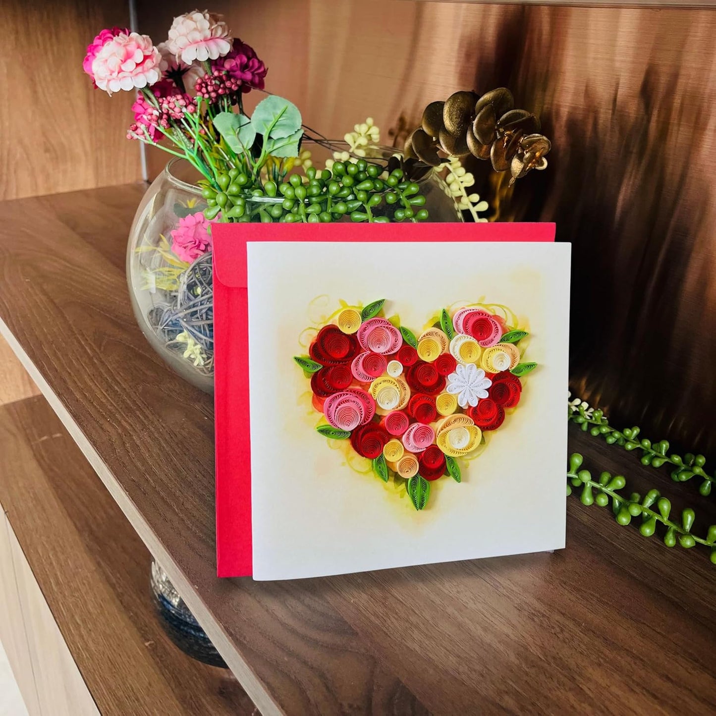 Quilling Cards, handmade card, quilled cards with Handmade Art Quilling birthday card for women, Birthday card, mother... colorful heart design (Flowers Heart 3)