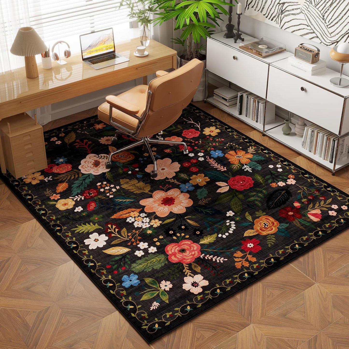 Rugcomf Area Rug 4x6 Rug Washable Boho Rugs Non Slip Low Pile Floral Small Carpet for Bedroom, Bedside, Kids Room, Office, Dining Room(Black)
