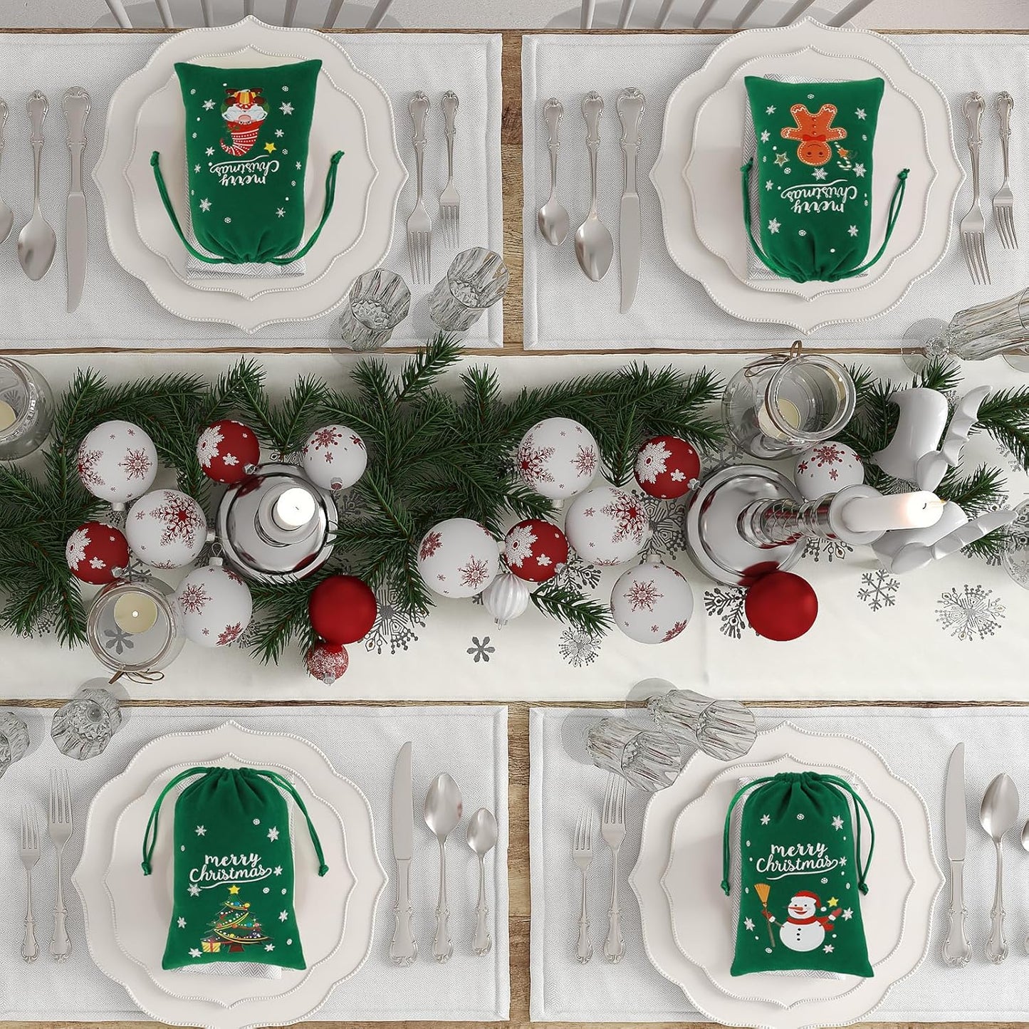 Tapleap Coth Christmas Bags with Drawstring - 50Pcs 4x6 Green Velvet for Wrapping Christmas Party Favors or Gifts for Friends, Small Bussiness, Palm Crosses