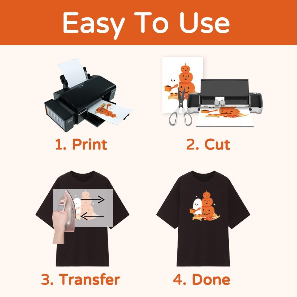 TranSmile PU-Heat Transfer Paper for T Shirts (50 Sheets, 8.5 x 11'') Printable Heat Transfer Vinyl for Dark Fabrics Iron on Transfers for Inkjet Printer (D-50)