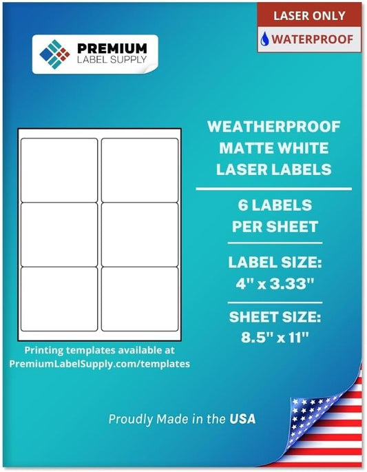 Premium Label Supply Waterproof Matte White Sticker Labels – 4" x 3.33" – Laser Printers Only – (6 per Sheet), 10 Sheets - 60 Total Adhesive Labels