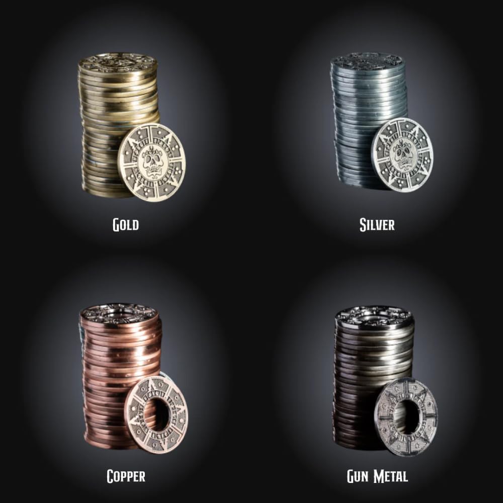 PIRATEGOLD Pirate Themed Metal Poker Chip Set 300pc for Texas Hold’Em, Gold, Silver, Gunmetal, Bronze Coins with 2 X Card Decks, 1 X Custom Wooden Carrying Case