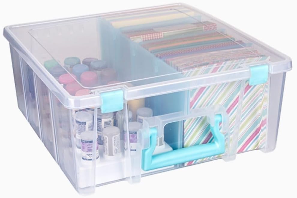 ArtBin 6990SA Super Satchel Double Deep Compartment Box - Art Storage with 8 Removable Compartments, Smart Closure for Craft Supplies (Clear & Aqua- Pack of 1)