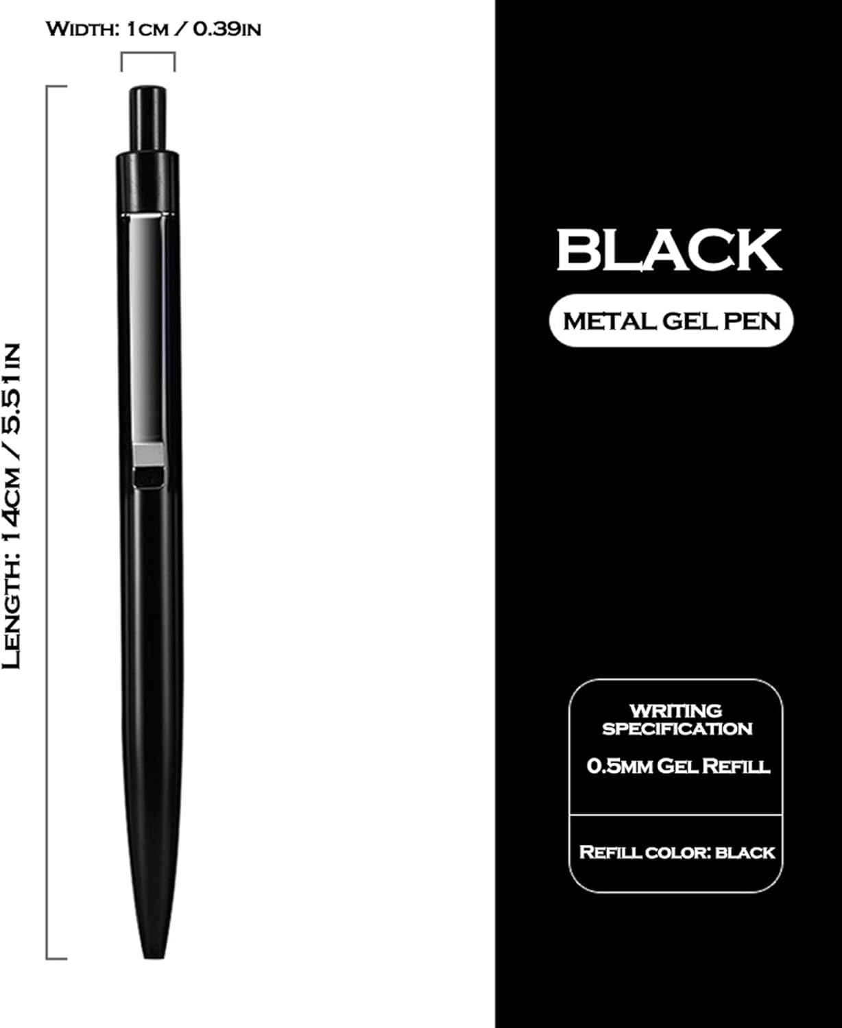 DUNBONG Black Metal Gel Pen, Gel Ink Ballpoint Pen, Black Ink, 0.5mm Retractable Ink Pen (Black)