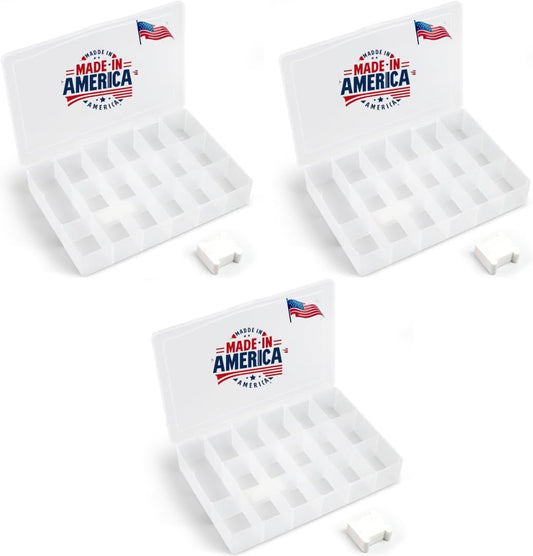 3PACK Embroidery Floss Organizer Box with 50 Cardboard Bobbins - 17 Compartments Clear embroidery thread and Beads organizer box, Snap-Tight Clear Sewing Organizer - Jewelry Bead Holder (Made in USA)