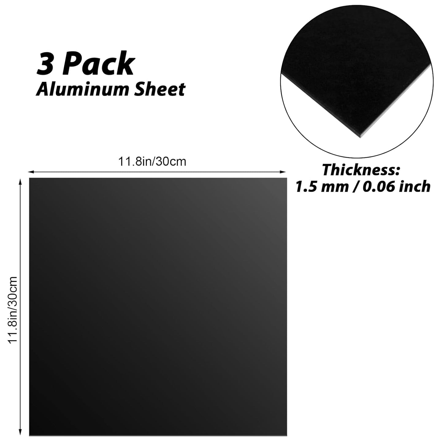 3 Pack 5052 Aluminum Sheet Metal 12 x 12 x 1/16 (0.06") Inch, 1.5 MM Thin Anodized Aluminum Metal Plates Aluminum Metal Sheets, Black Laser Engraving Blanks for Crafting Printing