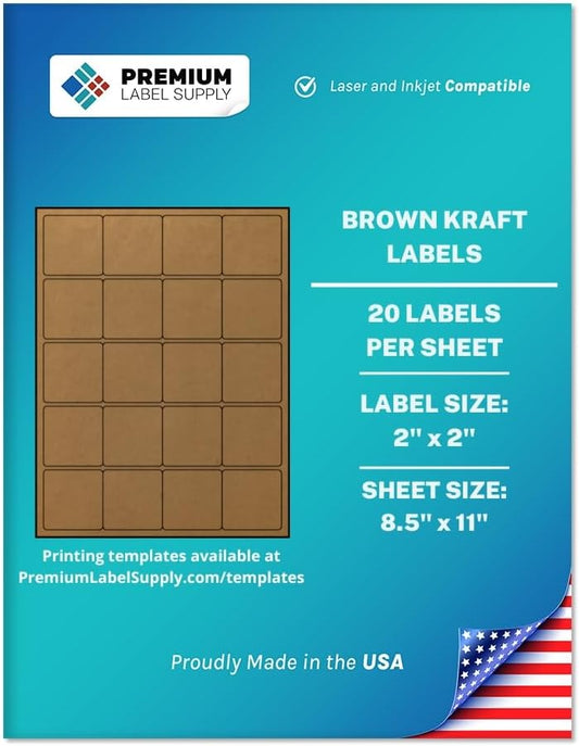 Premium Label Supply Brown Kraft Sticker Square Labels – 2" x 2" – Laser/Inkjet Compatible – (20 per Sheet), 25 Sheets – 500 Total Adhesive Labels
