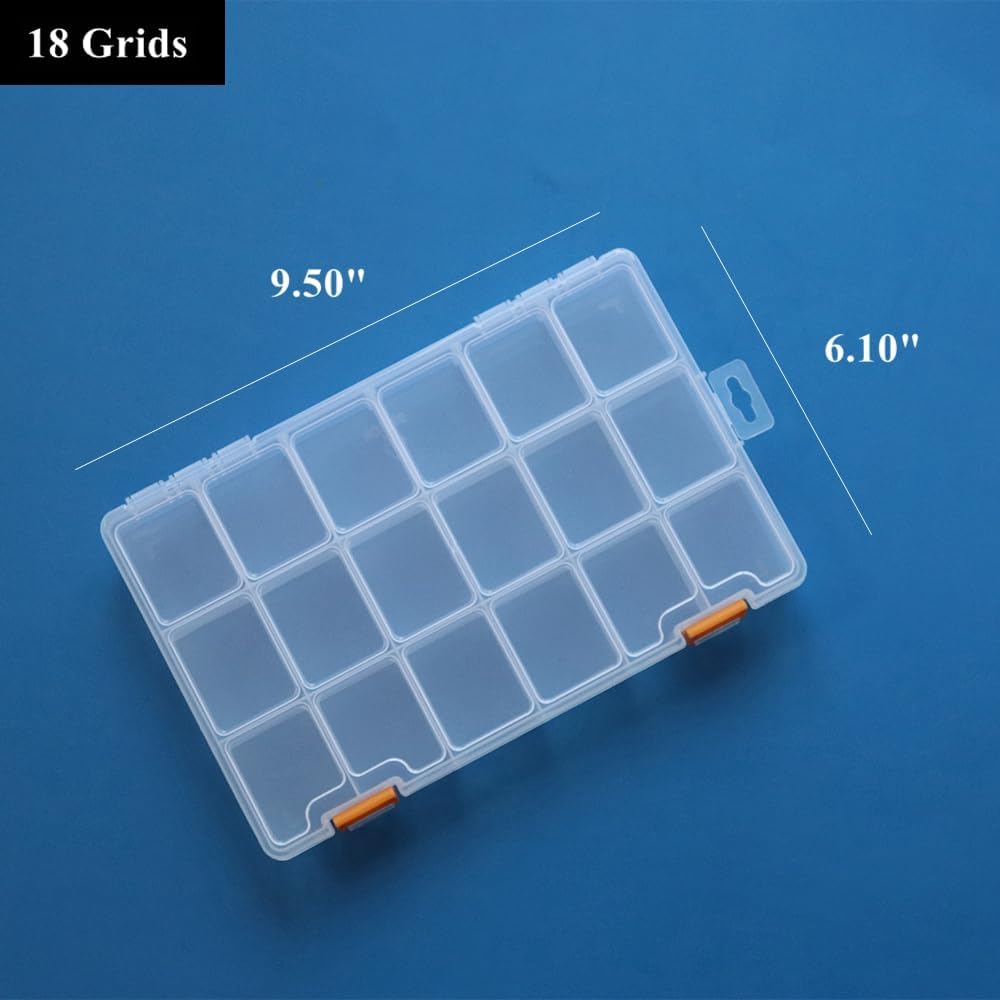 BangQiao 4 Pack 18 Grids Clear Plastic Storage Box with Dividers, Transparent Organizer Container Case for Small Parts, Bead, Button, Jewelry, Diamond, Craft Supplies,Sewing Kit, DIY Accessories