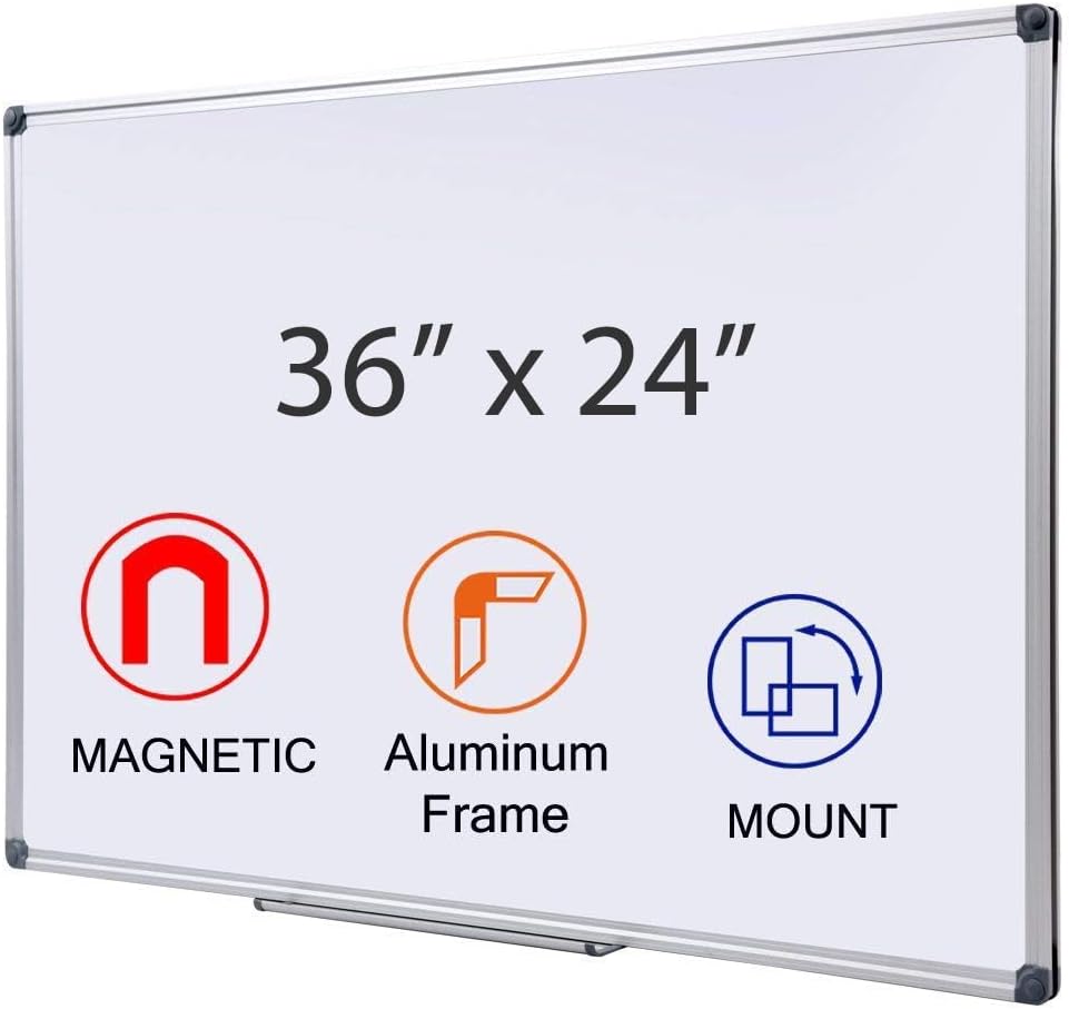 36 x 24 inch Magnetic Dry Erase Board, DexBoard Mall-Mounted Aluminum Frame White Board with Pen Tray, Dry Erase Marker Whiteboard for Office, School and Home Usage