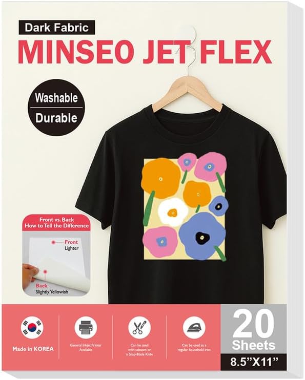 MINSEO Jet Flex Premium Opaque Heat Transfer Paper for Dark Fabric (20 Sheets 8.5x11") Printable Iron-on Transfer Vinyl for Inkjet Printer (Made in Korea)