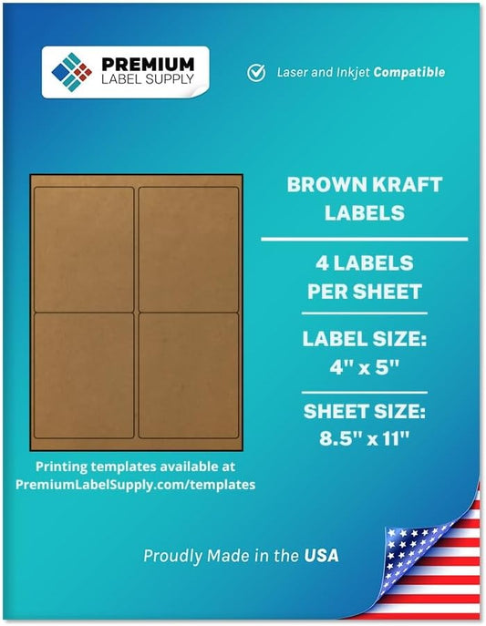 Premium Label Supply Brown Kraft Sticker Labels – 4" x 5" – Laser/Inkjet Compatible – (4 per Sheet), 1000 Sheets – 4,000 Total Adhesive Labels