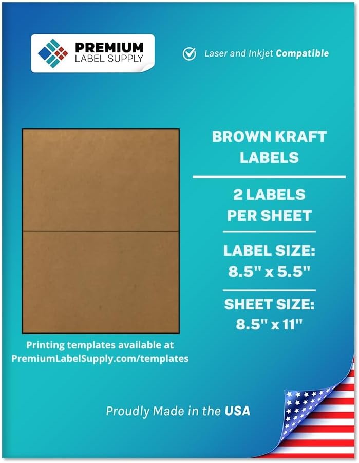 Premium Label Supply Brown Kraft Sticker Labels – 8.5" x 5.5" – Laser/Inkjet Compatible – (2 per Sheet), 25 Sheets – 50 Total Adhesive Labels
