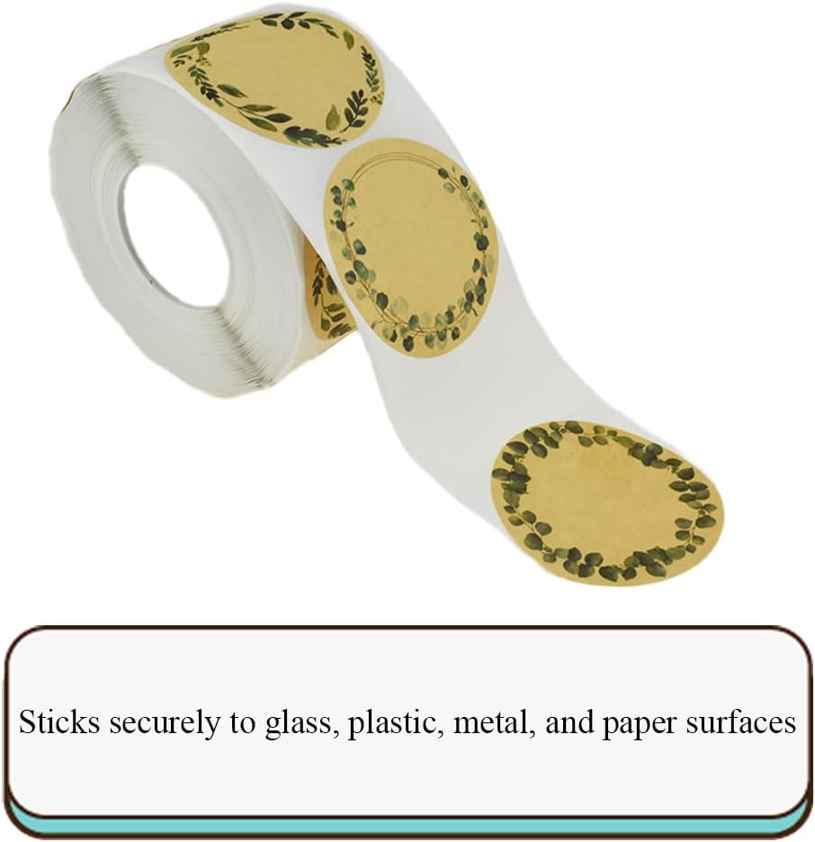 HAHIYO 2In 500P Round Natural Brown Kraft Stickers with Green Leaf Wreath Design - 4 Unique Styles Blank Kraft Labels Roll to Write On Durable Dot Stickers for Jar Canning Price Tags Store Organizing