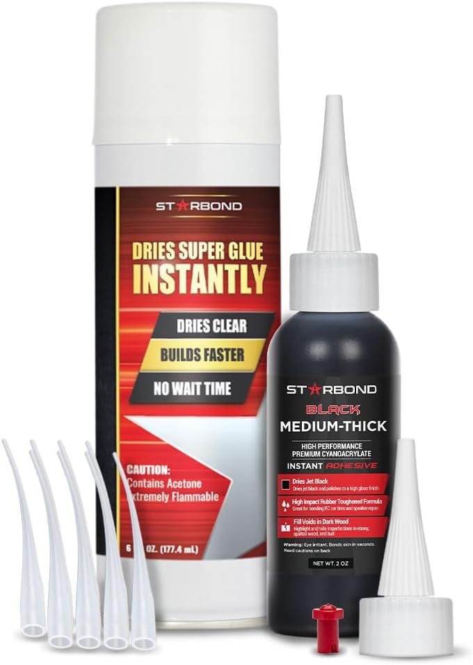 STARBOND 2 oz Black Medium-Thick Premium CA Glue, 6 oz Aerosol Accelerator Bundle, Cyanoacrylate Adhesive Super Glues, for Woodworking, Wood Knots and Voids, Woodturning, Guitar, Hobby