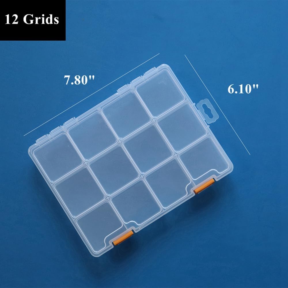 BangQiao 4 Pack 12 Grids Clear Plastic Storage Box with Dividers, Transparent Organizer Container Case for Small Parts, Bead, Button, Jewelry, Diamond, Craft Supplies,Sewing Kit, DIY Accessories