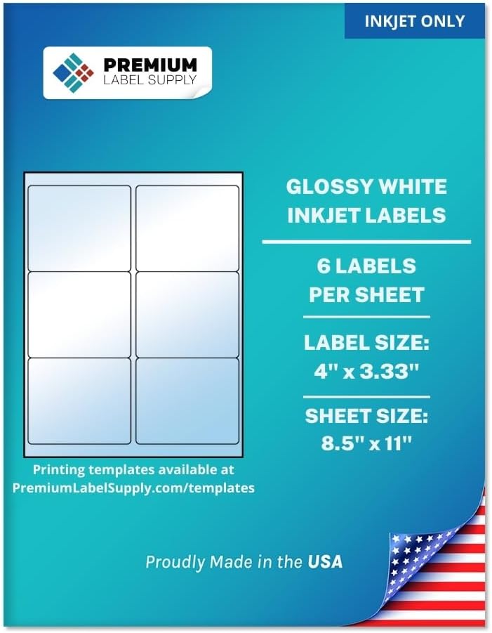 Premium Label Supply Glossy White Sticker Labels – 4" x 3.33" – (6 per Sheet) (Glossy White for Inkjet Only, 150 Labels)
