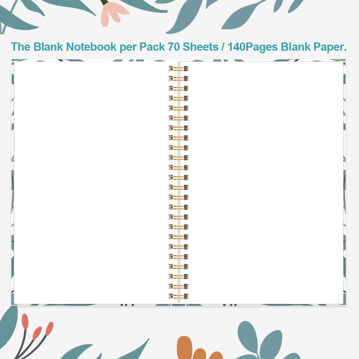 A5 Blank Notebook - 70 Sheets/140 Pages Blank Paper Notebook, 100 GSM Thick White Paper, 5.8" x 8.3" Spiral Blank Journal, Flowers