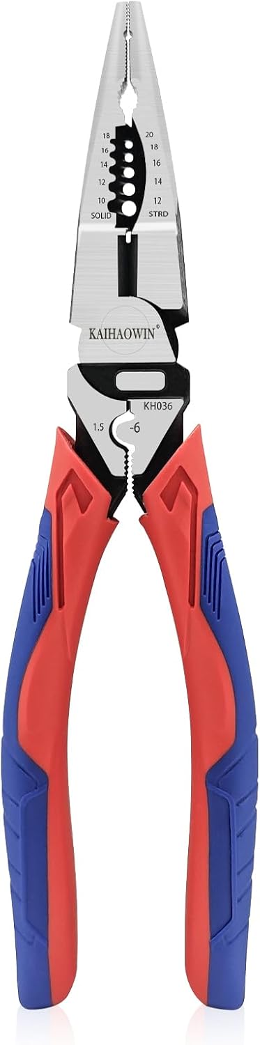 5-in-1 Needle Nose Pliers with Wire Cutter Stripper and Crimper Multifunction Compound Long Nose Pliers Heavy Duty Pliers for Electrician and Homes